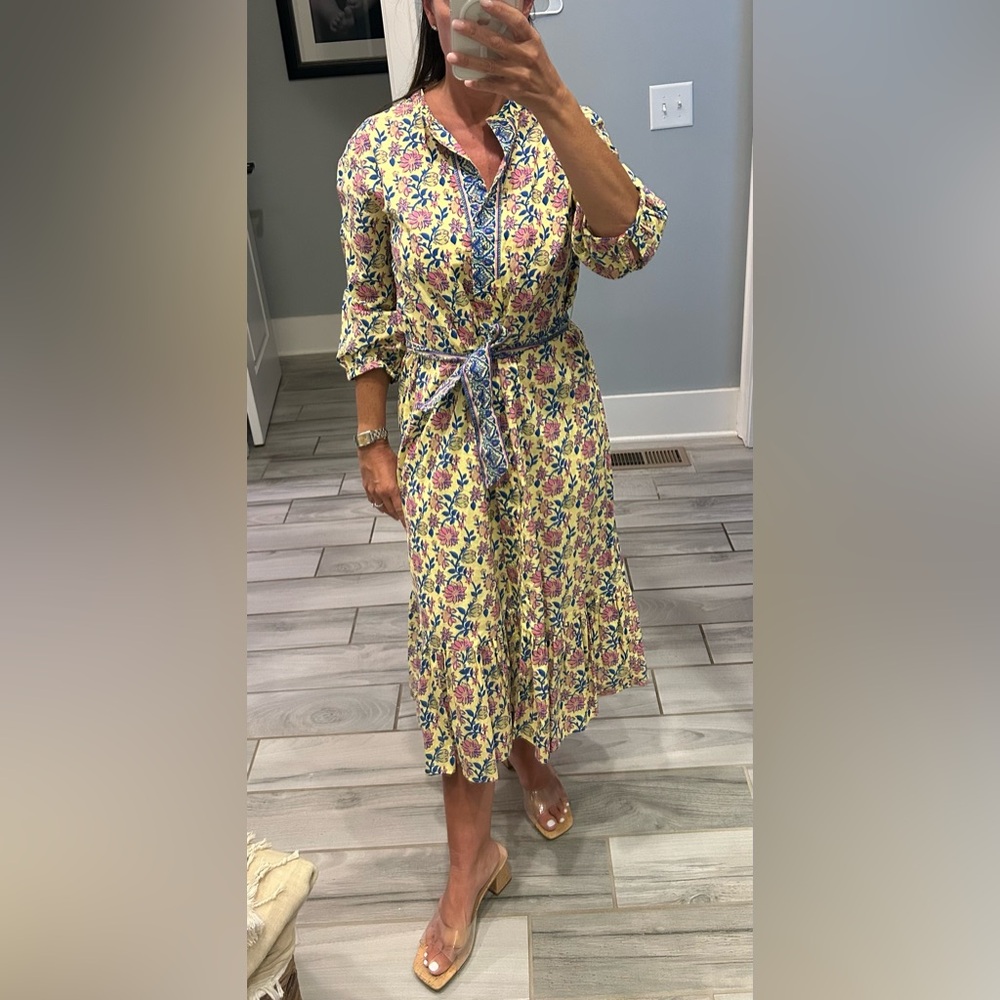 Yellow and Blue Ruffled Wrap Sundress with Bishop Sleeves